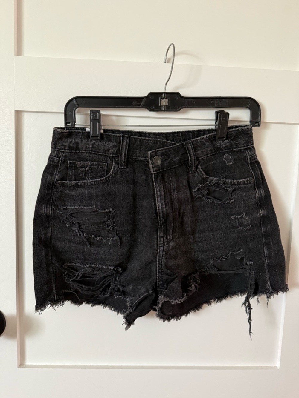 American Eagle High Rise Black Distressed Denim Mom Shorts